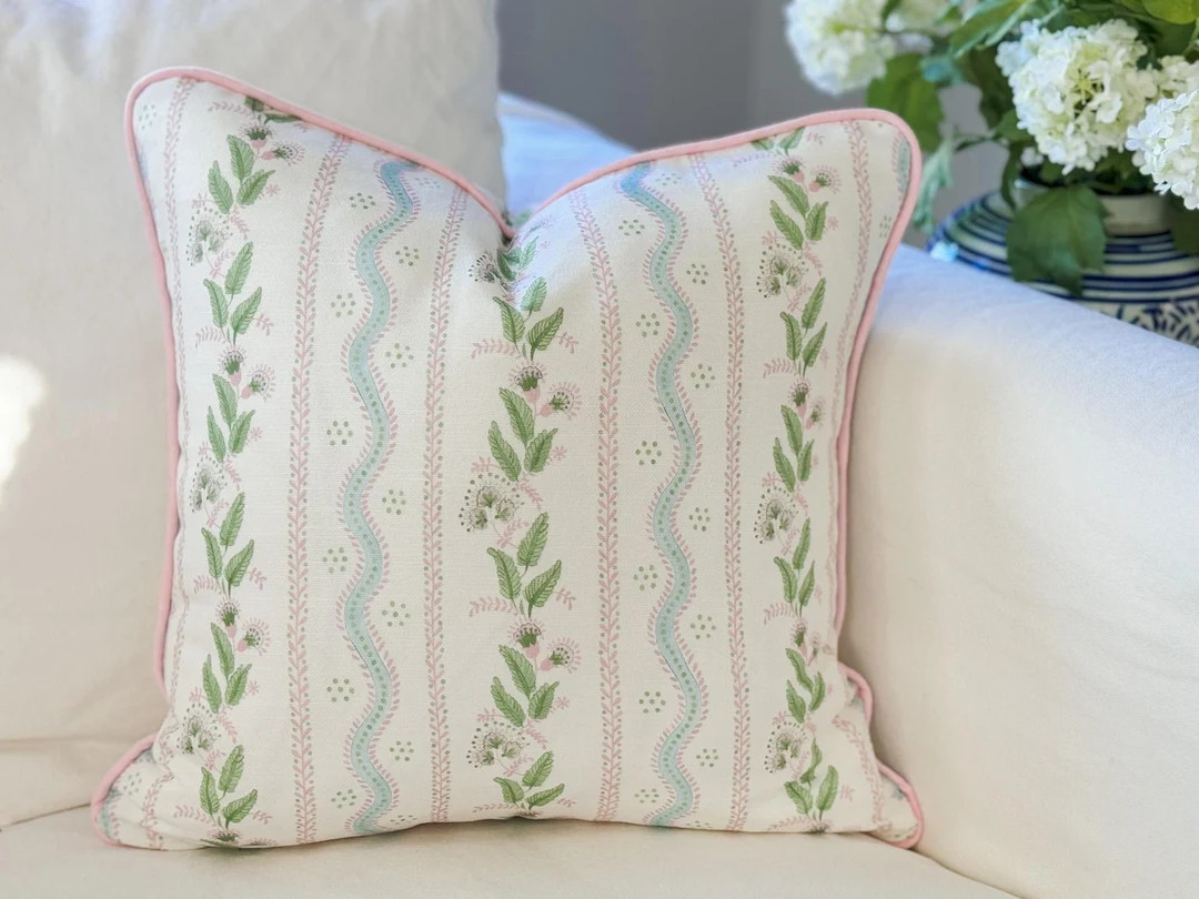 Danika Herrick LINEN Pink Floral Green Vines Pillow Cover, Grandmillenial Decor, Decorative Throw... | Etsy (US)