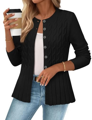 MEROKEETY Women's Cable Knit Peplum Cardigan Sweaters 2025 Trendy Fall Open Front Button Down Soft Knitted Coat, Black, Medium | Amazon (US)