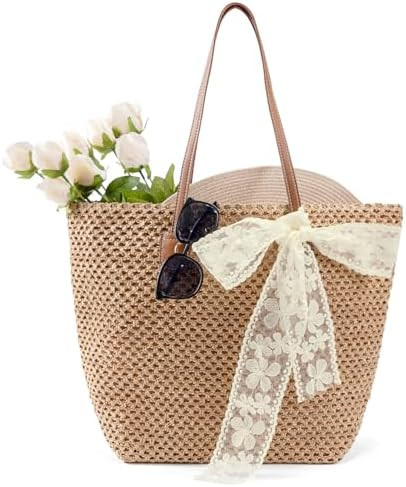 Straw Beach Tote Bag for Women: 2026 Large Woven Handbag with Zipper, Perfect for Vacation, Trave... | Amazon (US)