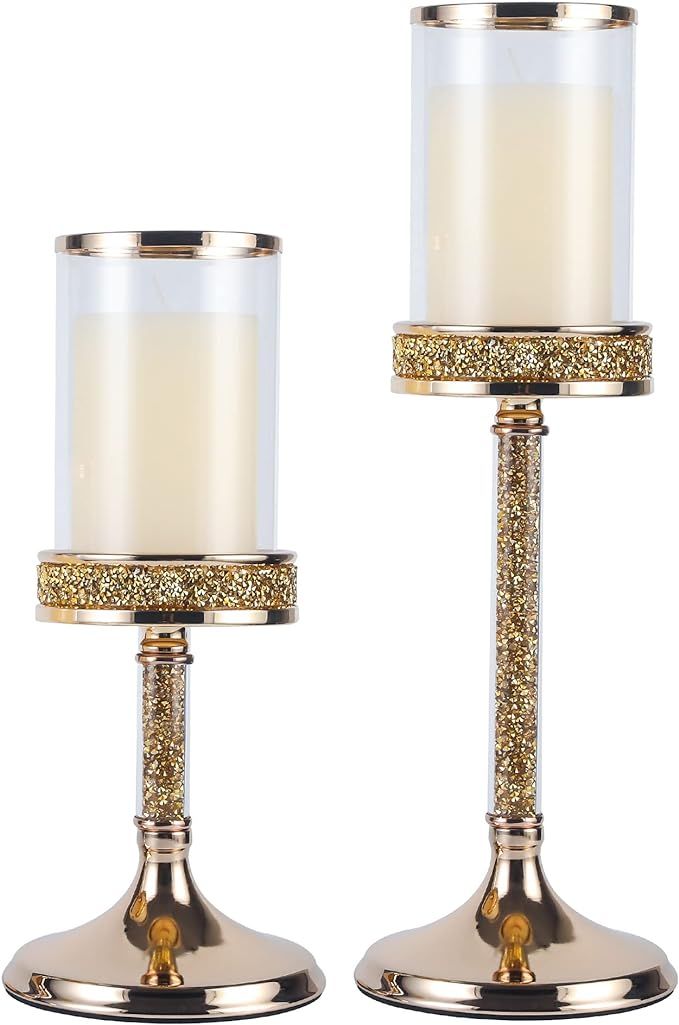 2 PCS Pillar Candle Holders,Candlesticks Holder with Glass Hurricane Lid,Metal Candle Holder for ... | Amazon (US)