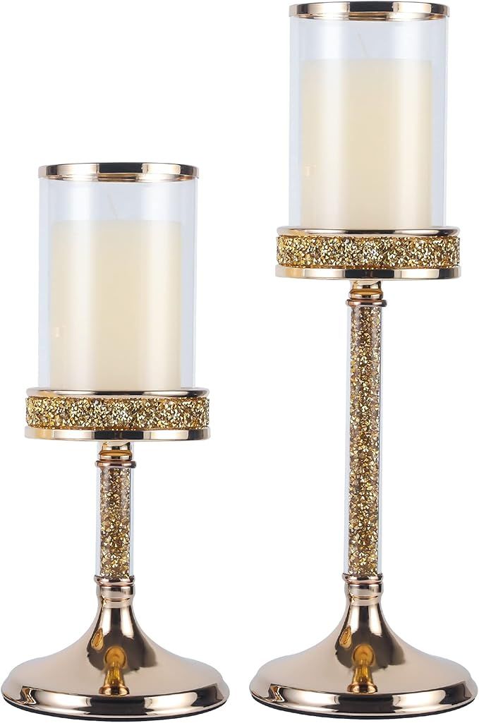 2 PCS Pillar Candle Holders,Candlesticks Holder with Glass Hurricane Lid,Metal Candle Holder for ... | Amazon (US)