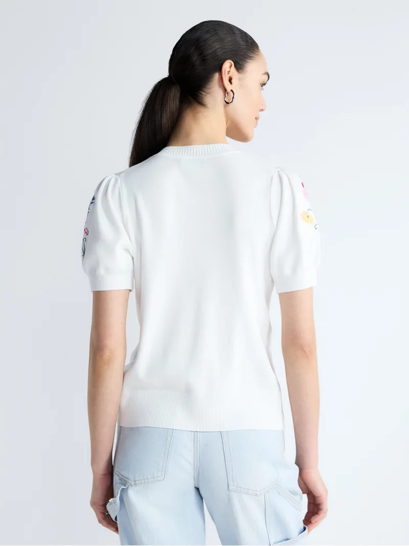 Free Assembly Women's and Women's Plus Embroidered Cardigan Sweater with Puff Sleeves, Lightweigh... | Walmart (US)