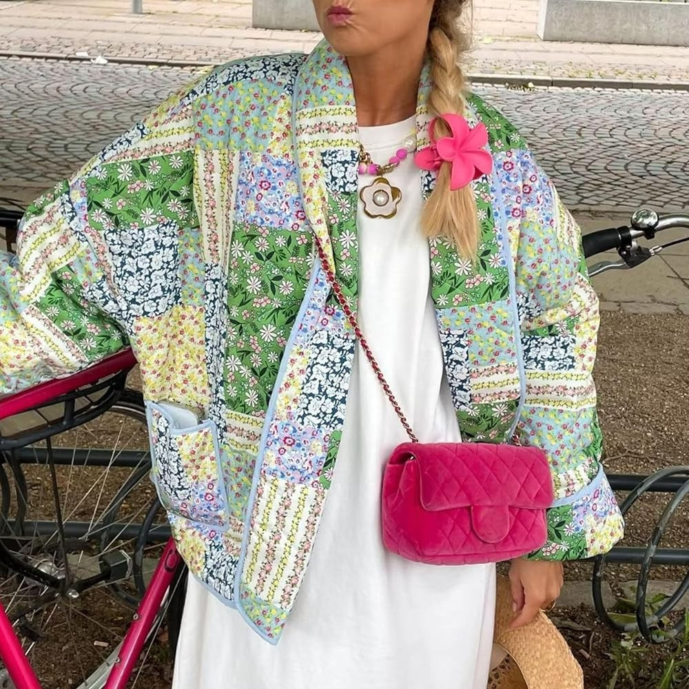 Womens Cropped Quilted Lightweight Jackets Floral Printed Open Front Puffer Coat Cardigan | Amazon (US)