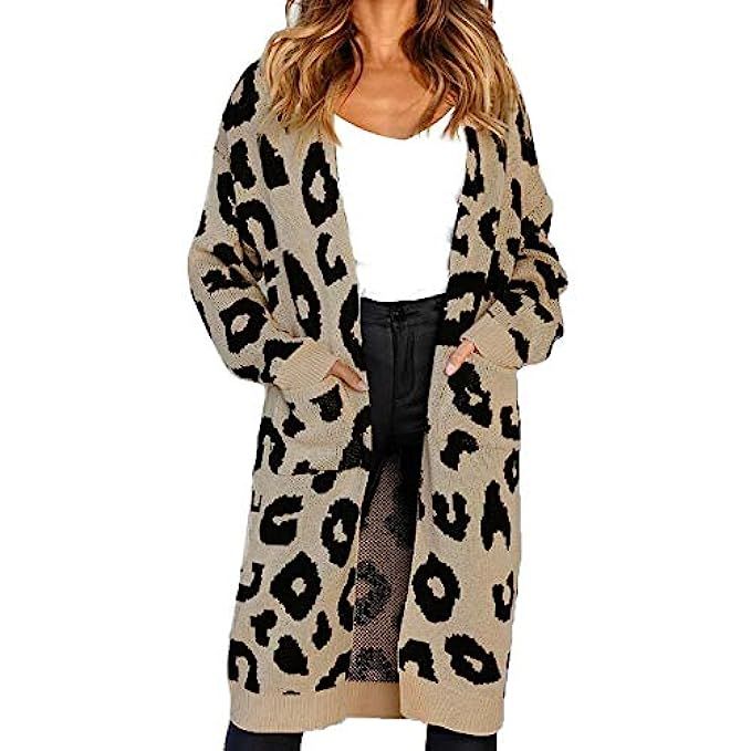 Women's Long Sleeve Casual Open Front Leopard Knitted Sweater Coat Cardigan Pockets | Amazon (US)