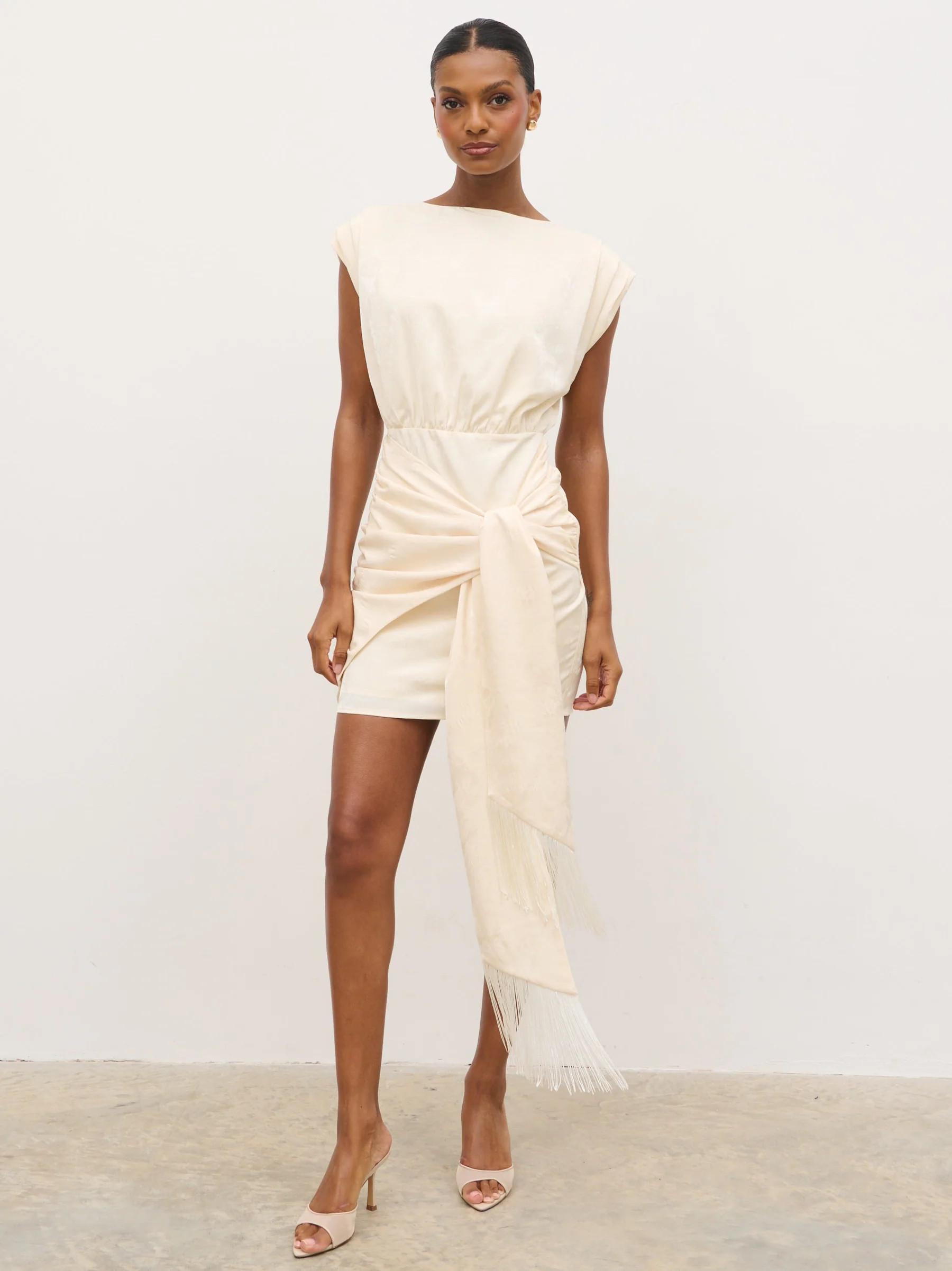 Hattie Jacquard Mini Fringed Dress - Cream | Pretty Lavish (UK)