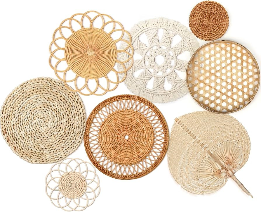Tatuo 8 Sets Boho Wall Basket Decor Woven Rattan Flat Baskets Round Handmade Wicker Bamboo Hangin... | Amazon (US)
