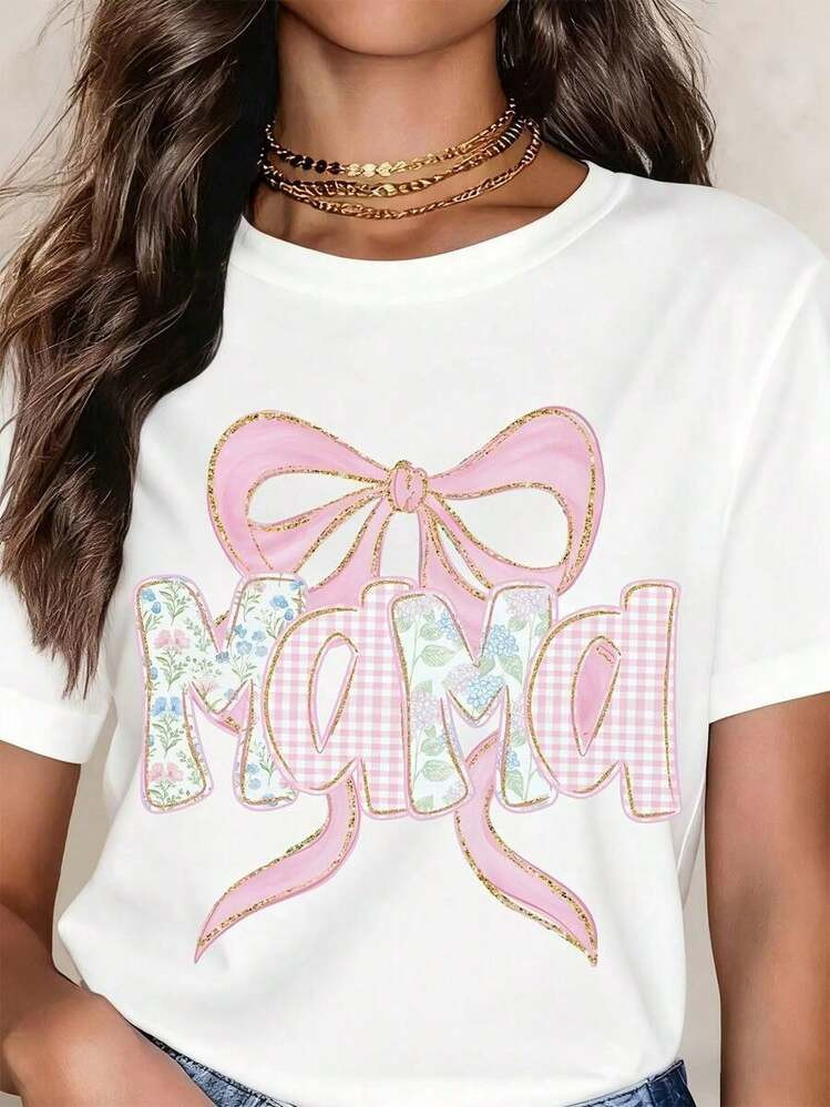 Mother's Day Mama Bow T-Shirt Pink Floral Design Women's Casual Top Gift For Mom | SHEIN