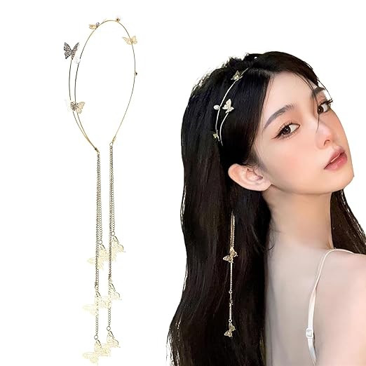 Gold Wedding Butterfly Headband Crystal Tassel Headband for Women Sparkly Rhinestone Fake Earring... | Amazon (US)