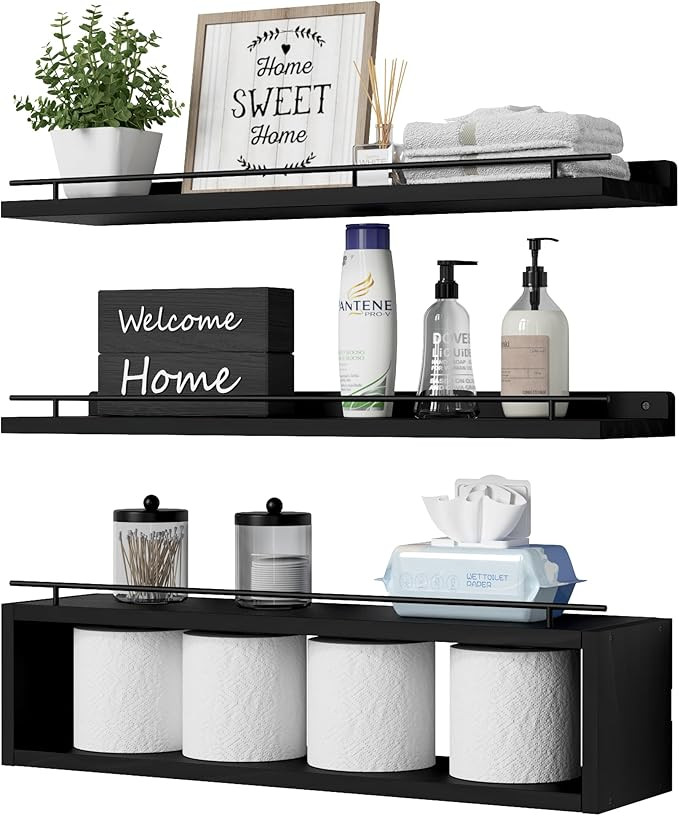 WOPITUES Floating Shelves for Wall 24 inch with Cube Shelf, Wall Shelves with Metal Rail for Deco... | Amazon (US)