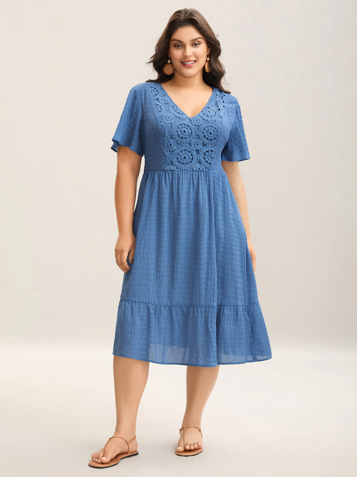 Lace Textured Pockets Tiered Midi Dress | Bloomchic