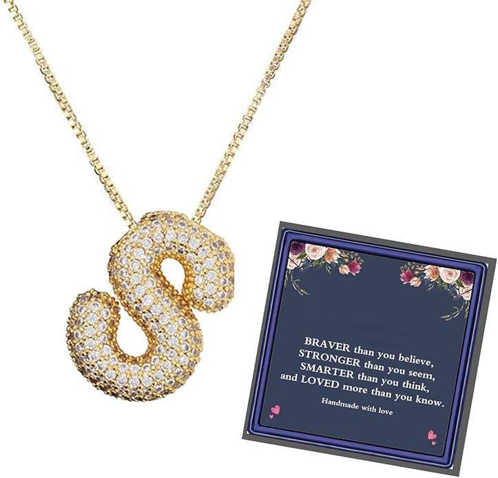 Balloon Letter Necklace For Women, Cubic Zirconia Bubble Initial Alphabet Pendant 18k Gold Plated... | Amazon (US)