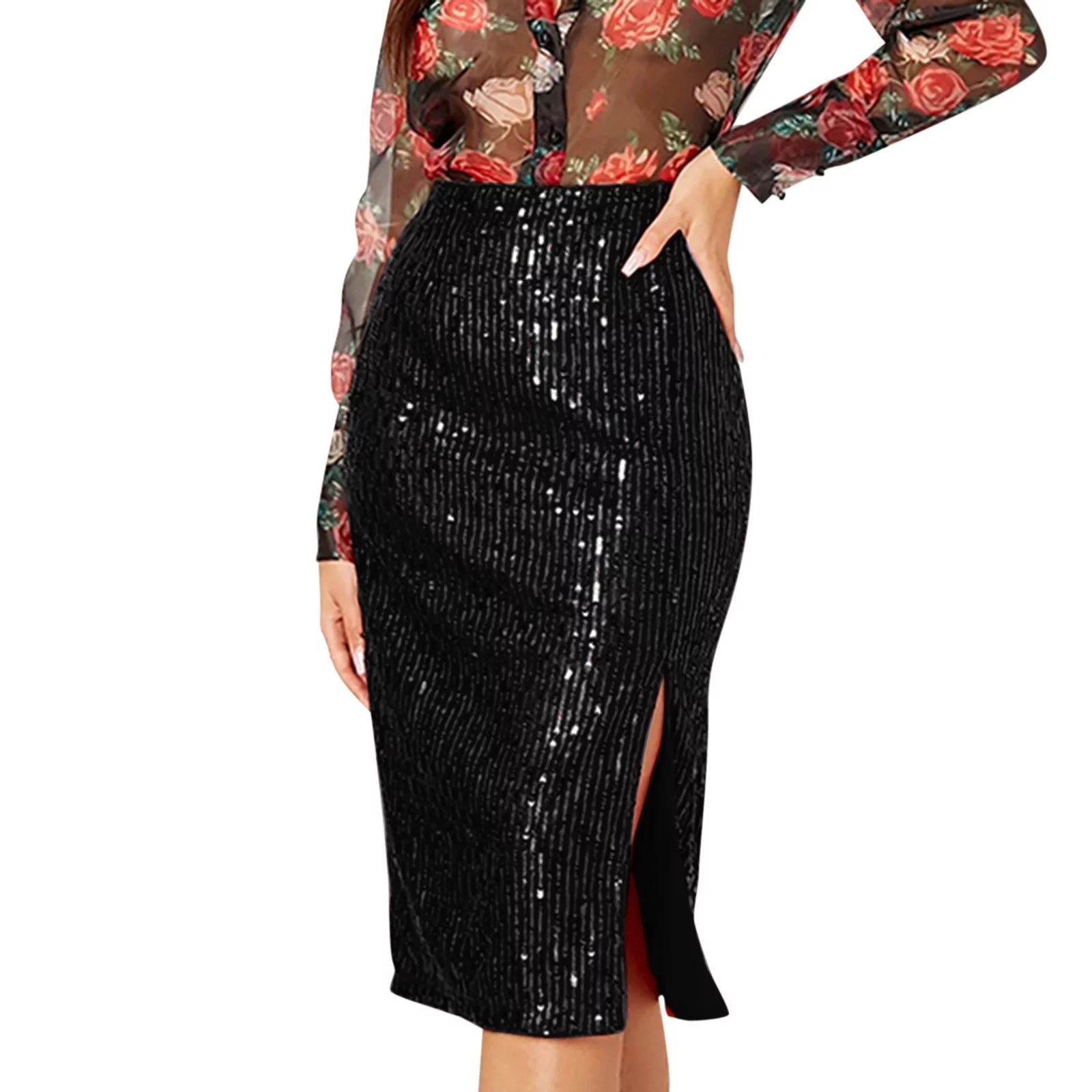 XIUH Women's Solid Color Side Split Sequins Slim Long Skirts High Waist Wraped Skirt Black L | Walmart (US)