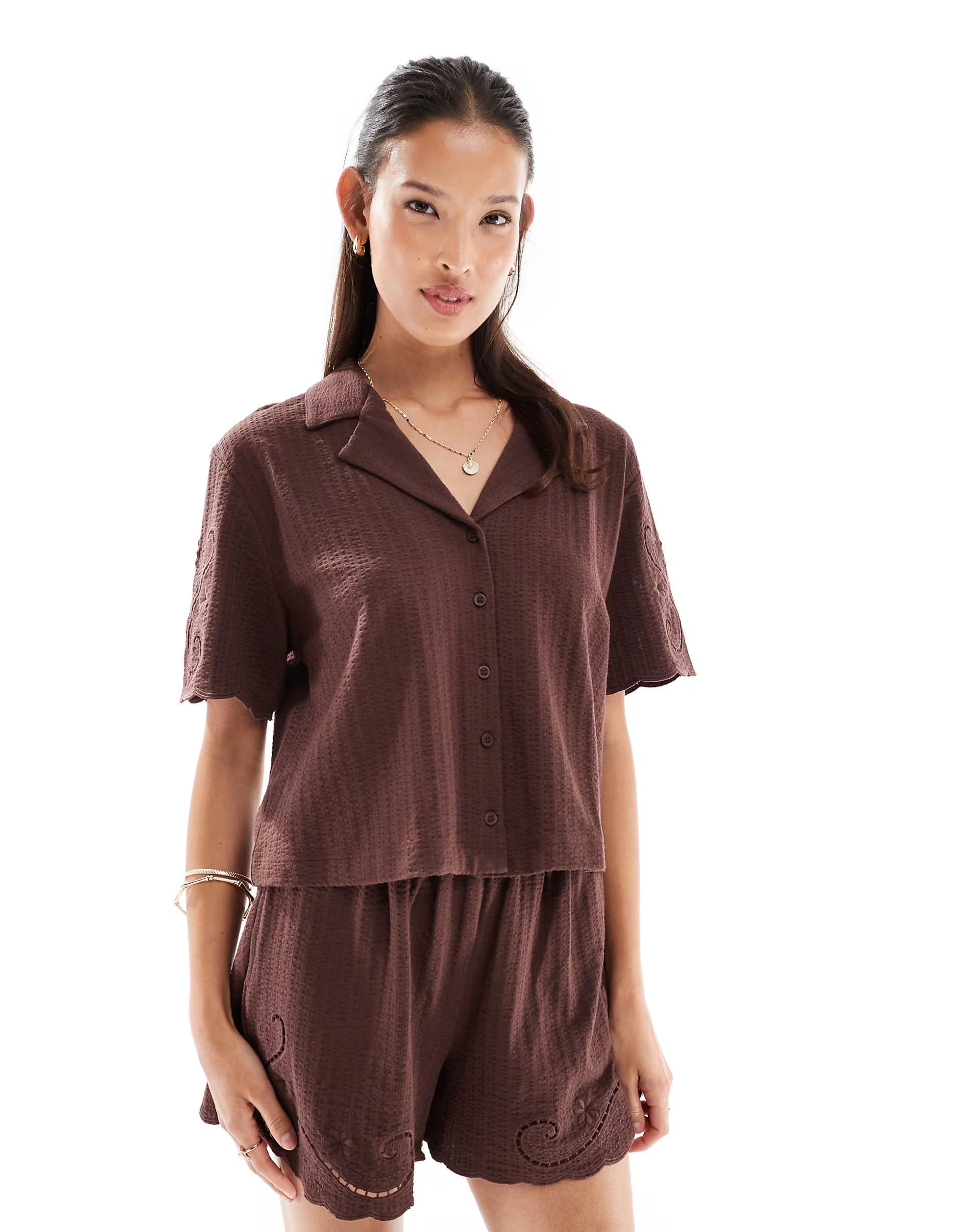 Miss Selfridge broderie detail crop top co-ord in chocolate with contrast stitching | ASOS (Global)