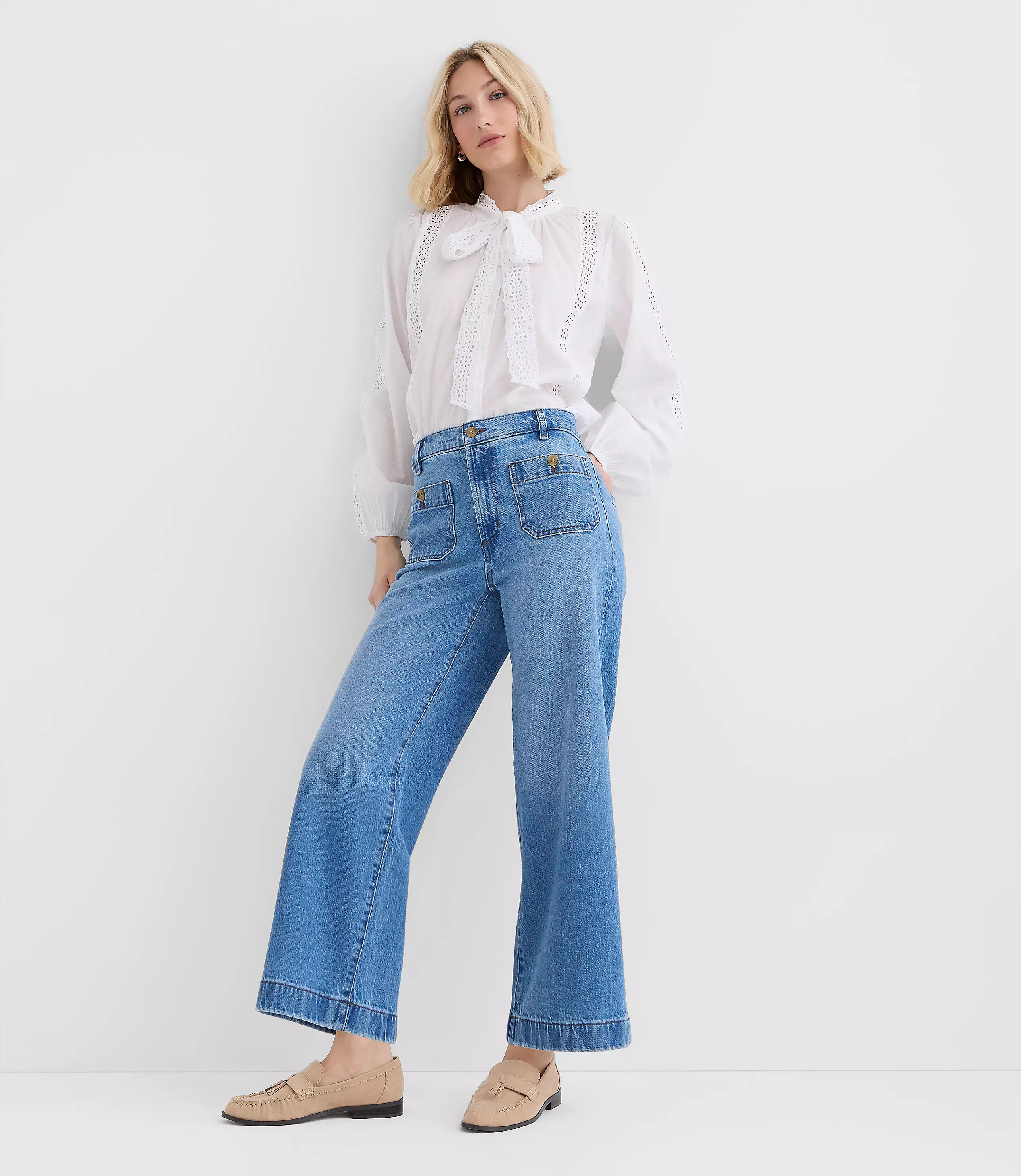 Petite Palmer Wide Leg Crop Jeans in Classic Mid Wash | LOFT