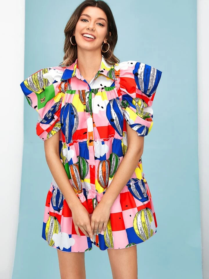 SHEIN X SHAQUITA GARCIA Hot Air Balloon Print Puff Sleeve Ruffle Hem Smock Dress | SHEIN