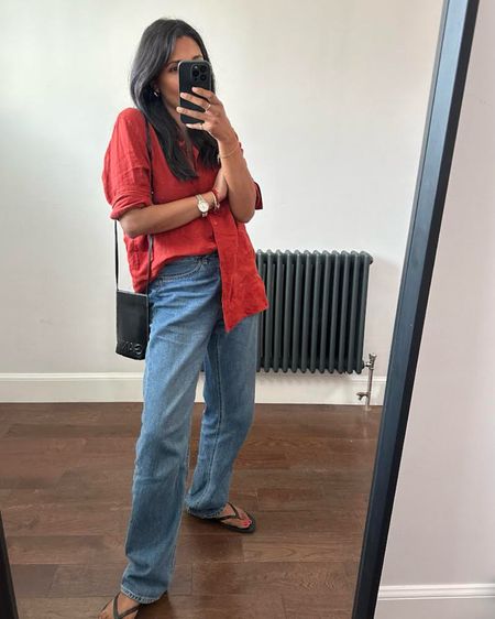 Massimo dutti red linen shirt, H&M jeans, casual outfit, spring outfit, sleepers flip flops, Ganni bag, flannels, Ganni sale, spring outfit, transitional outfit 

#LTKeurope #LTKspring #LTKstyletip