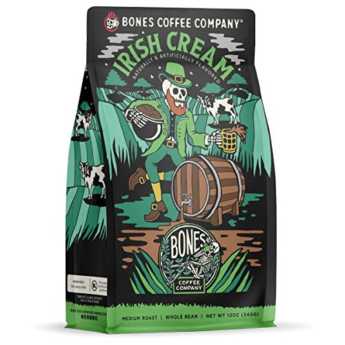 Bones Coffee Company Irish Cream, Creamy Liqueur Flavored Coffee, Medium Roast Low Acid Arabica Beans Compatible with Auto drip and French Press Coffee Maker, 12 Oz Whole Bean | Amazon (US)