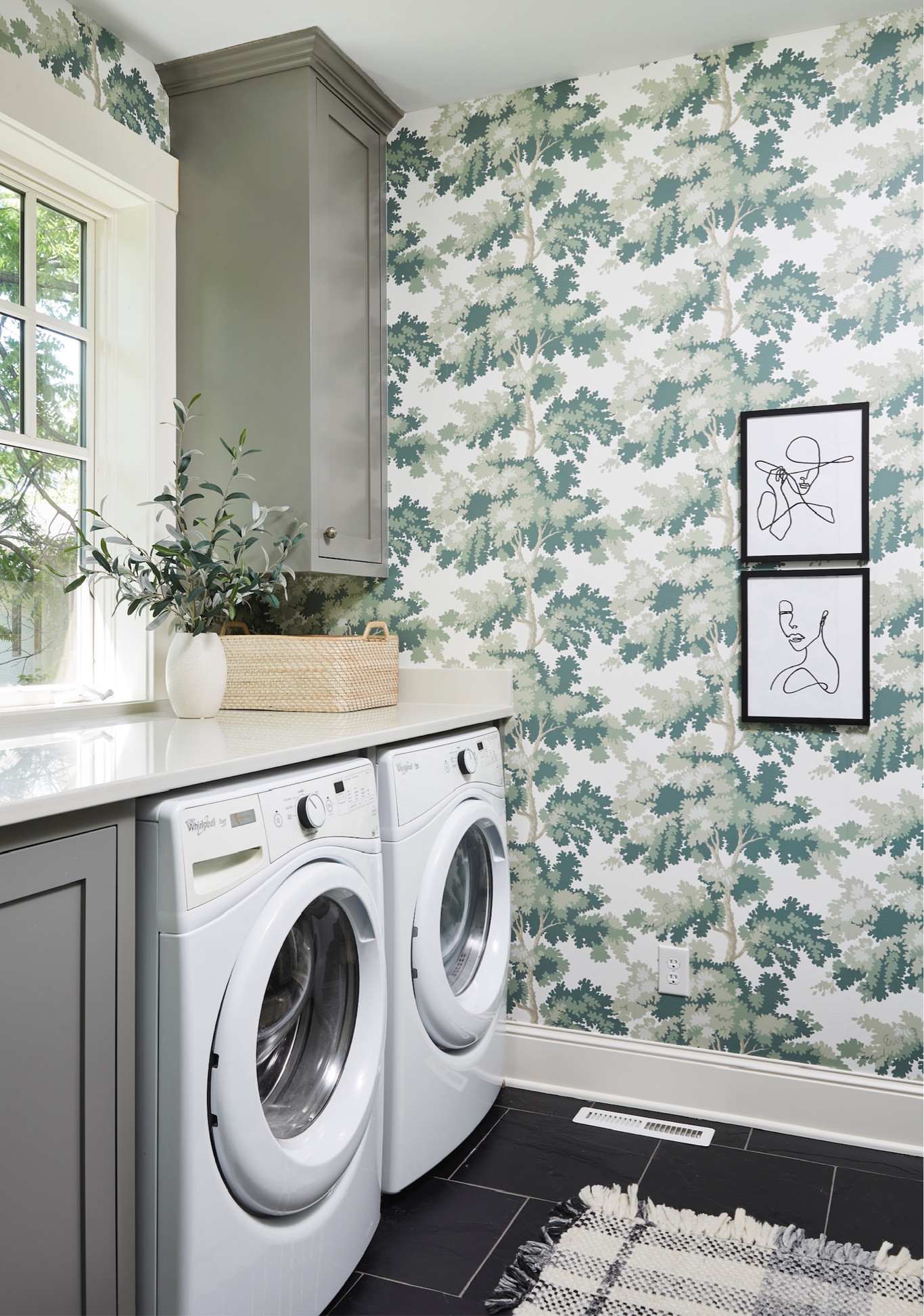 Organic and Scandinavian laundry room with green and ivory wallpaper from Perigold. Vintage knobs from Etsy and affordable decorative accents from Amazon and Target. Woven baskets from West Elm are currently on sale!

#LTKsalealert #LTKstyletip #LTKhome