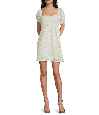 Dee Elly Floral Print Square Neck Short Puff Sleeve Dress | Dillard's | Dillard's