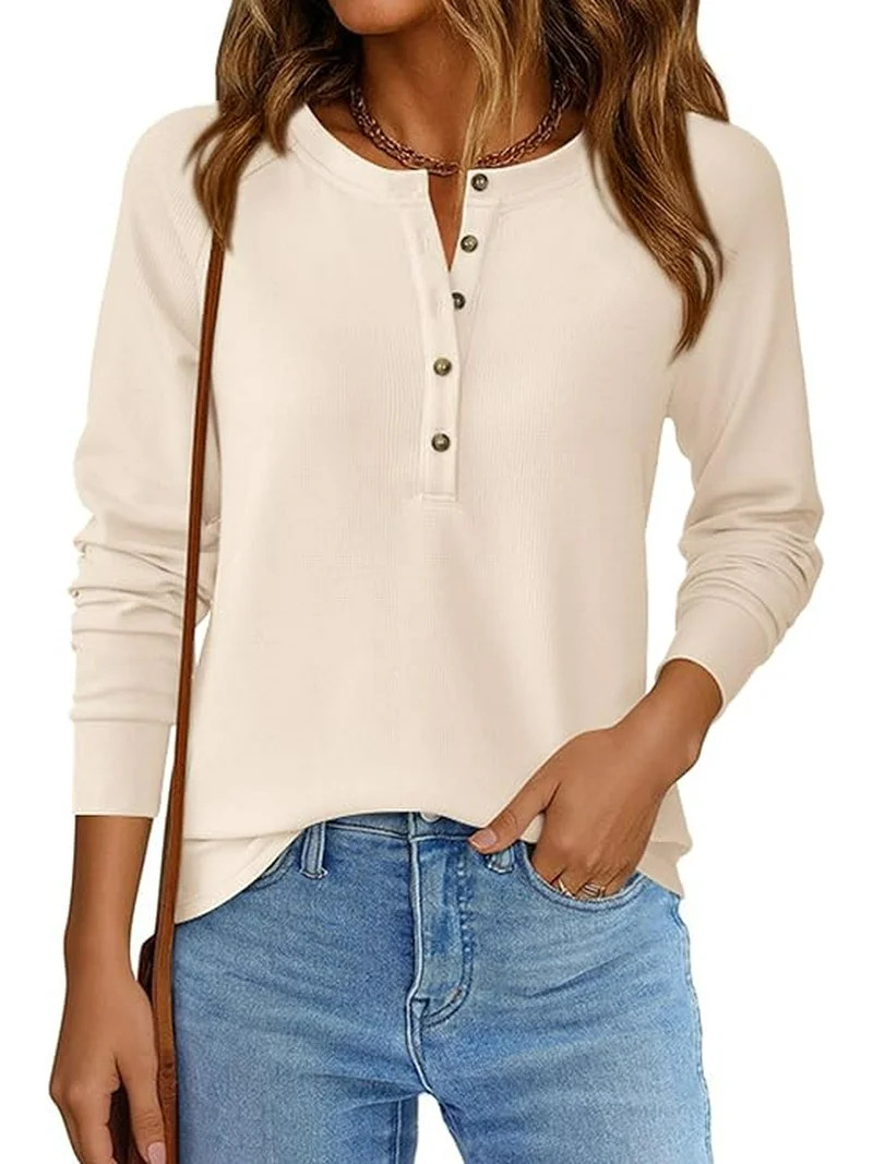 PRETTYGARDEN Women's Long Sleeve Waffle Knit Shirts Fall Casual Button Up Henley V Neck Tunic Top... | Walmart (US)