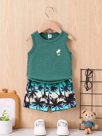 2pcs/Set Baby Boys' Stylish Summer Coconut Tree Print Leisure Holiday Shorts, With Short Sleeve K... | SHEIN