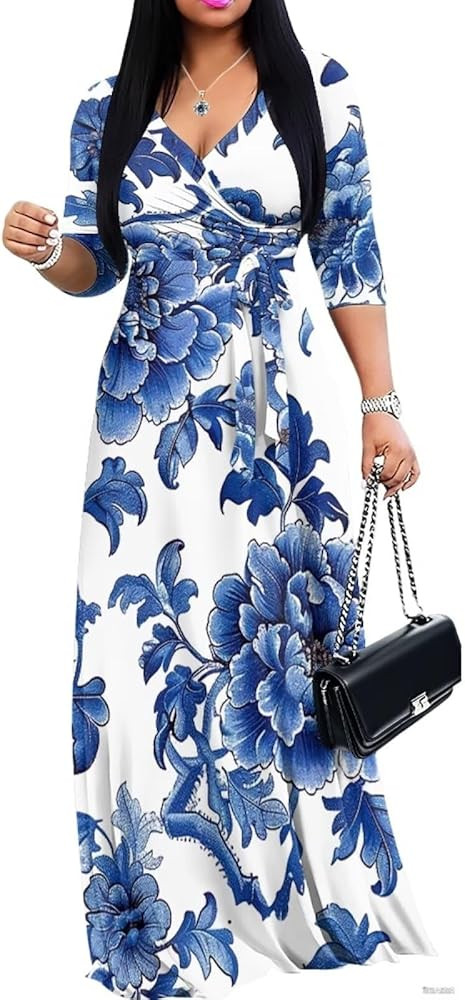 ZCFYGDX Women's Flowy V-Neck Maxi Dress with Pockets - Casual Long Summer Dress Elastic Waist Tie... | Amazon (US)