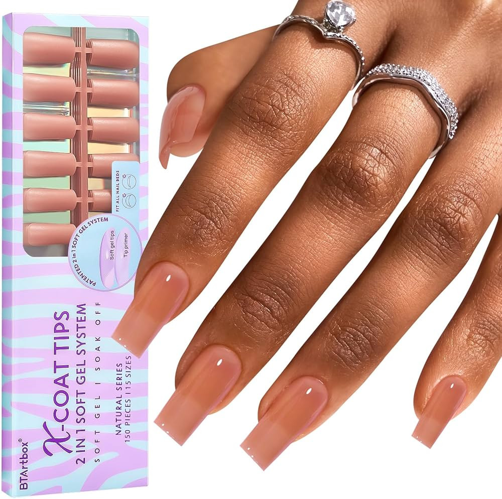 BTArtbox Soft Gel Nail Tips Square - Press On Nails Long Natural XCOATTIPS Pre-applied Tip Primer... | Amazon (US)