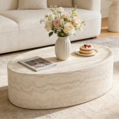 YOPENG 43.7" Oval Marble Coffee Table, Modern Round Coffee Tables, Faux Stone Center Tables, Small Accent Tea Table, Luxury Fiberglass Side End Table for Living Room Aparment Office, No Assembly | Amazon (US)