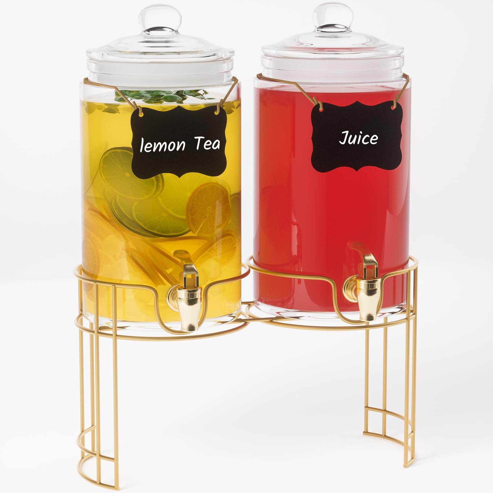Glass Drink Dispensers For Parties, 2 PACK 1 Gallon Beverage Dispenser With Lids, Gold Metal Stan... | Amazon (US)