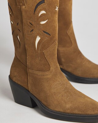 Rowan Suede Cut Out Detail Western Boots Wide E Fit Super Curvy Calf | Simply Be (UK)