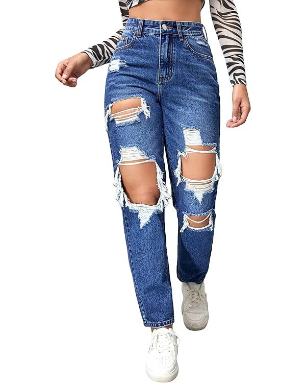 Floerns Women's High Waist Boyfriend Straight Leg Ripped Jeans Distressed Denim Pants Water Blue | Amazon (US)