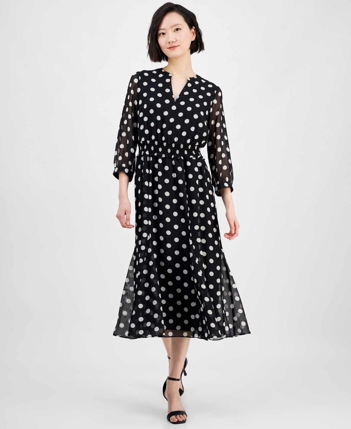 Anne Klein Women's Polka-Dot Tie-Strap Midi Dress - Black Group | Macy's Canada
