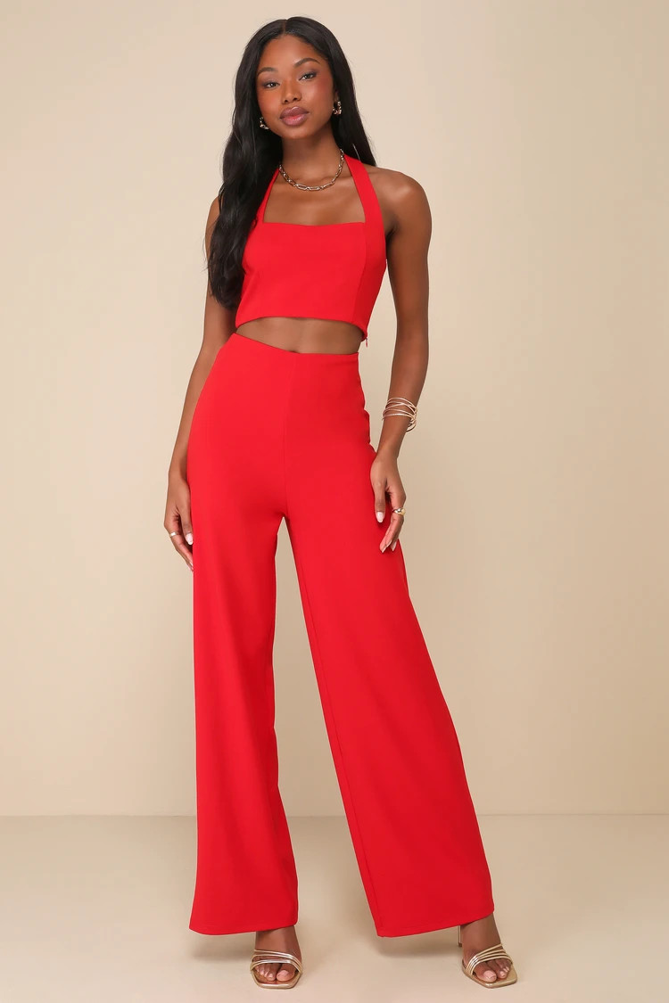 Compelling Perfection Red Two Piece Jumpsuit Red Top Red Crop Top Red Wide Leg Red Pants Outfit | Lulus