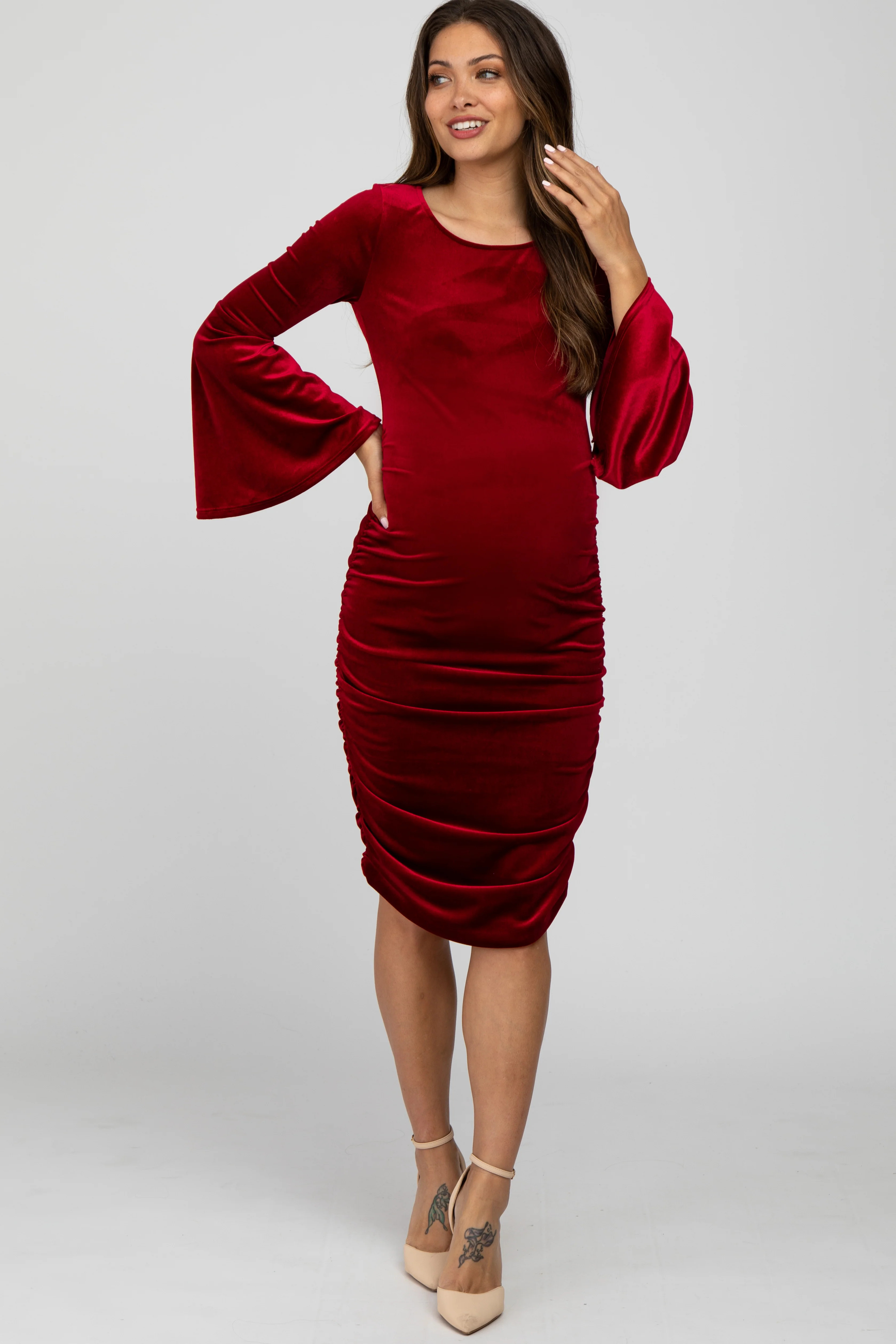 Red Velvet Ruched Bell Sleeve Maternity Dress | PinkBlush Maternity