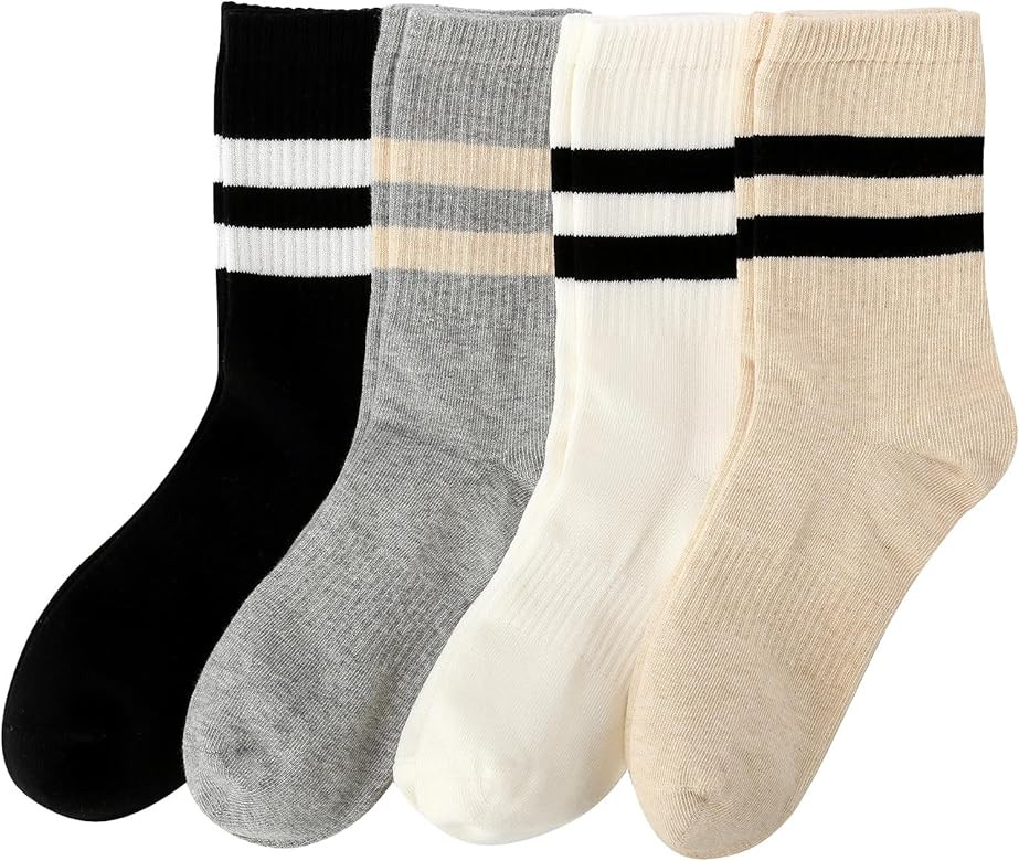 Cotton Fashion Striped Crew Socks-Seamless Toe, 4 Pairs of Cozy Soft Ankle Socks for Women, Styli... | Amazon (US)