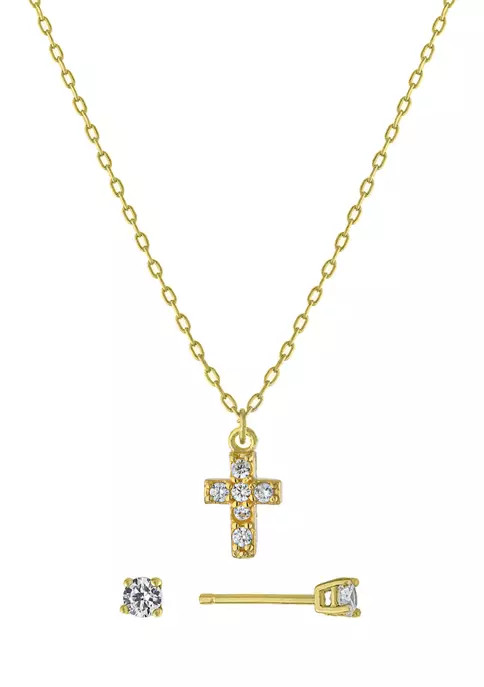 Gold Over Sterling Silver Cubic Zirconia Cross Necklace and Stud Earring Set | Belk