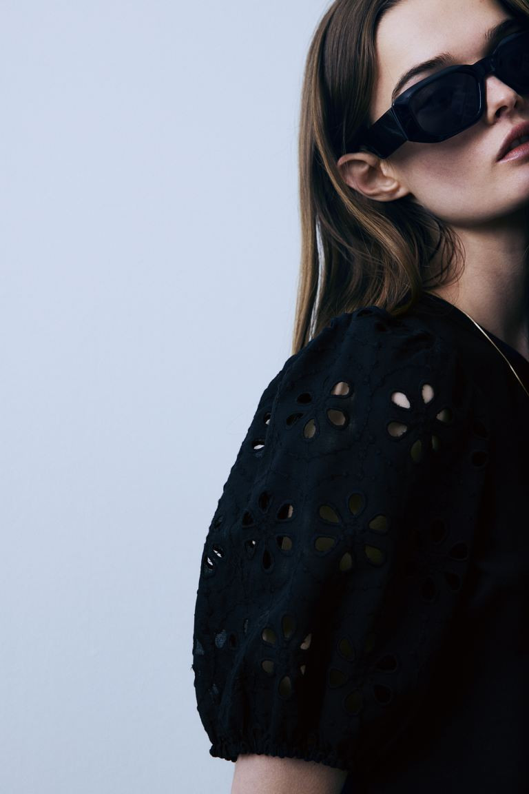 Top with Eyelet Embroidered Sleeves - Round Neck - Short sleeve - Black - Ladies | H&M US | H&M (US + CA)