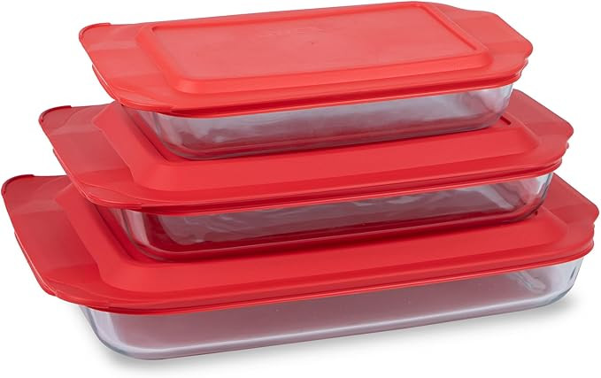 Pyrex Basics 3-Pack Glass Baking Dish Set (2QT, 3QT, 4.8QT) With BPA-Free Lids, Rectangular Glass... | Amazon (US)
