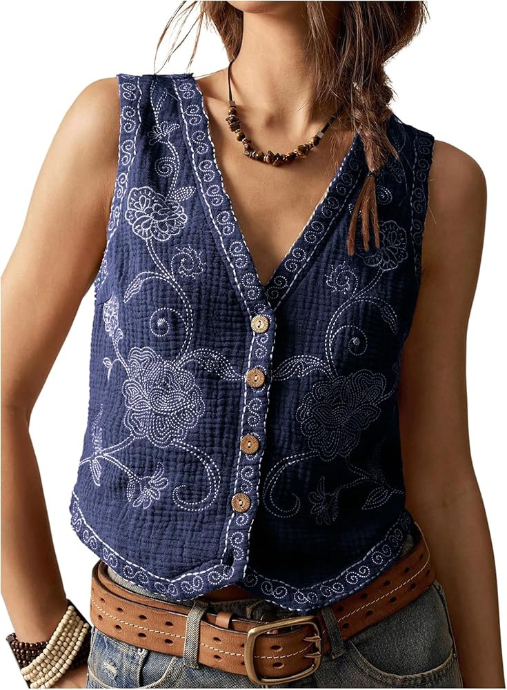 Verdusa Women's Western Outfit Cowgirl Embroidered Vest Tops Button Floral Boho Tank Top | Amazon (US)