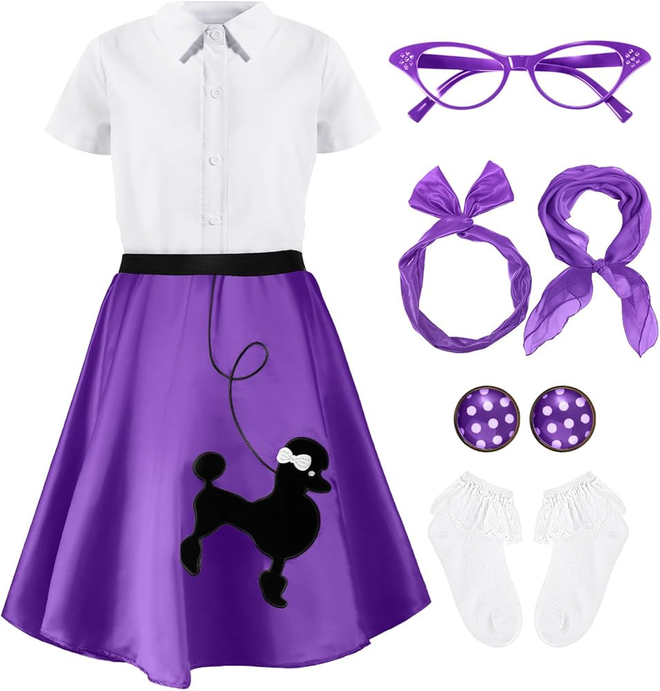1950s Kids Poodle Skirt 50s Sock Hop Costume with Shirt Scarf Headband Earrings Glasses Socks | Amazon (US)