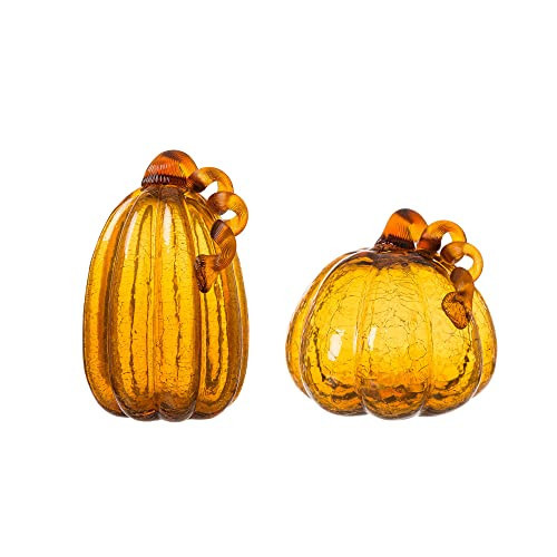 Glitzhome Set of 2 Glass Pumpkins, Handmade Table Top Figurine Crackle Art Pumpkin for Fall Halloween Thanksgiving Decor, Amber | Amazon (US)