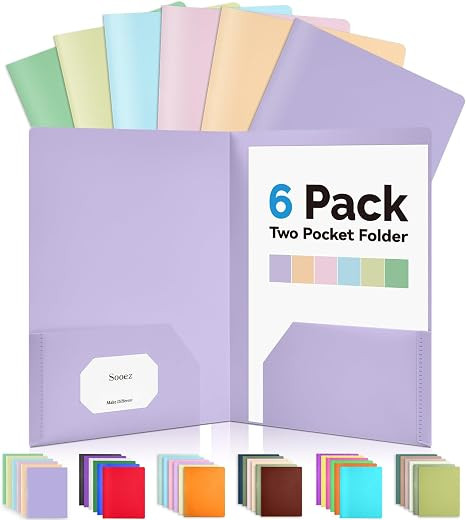 Sooez 6Pack Folders with Pockets, Pastels Colors, Heavy Duty Pocket Folder, Plastic Folders with ... | Amazon (US)