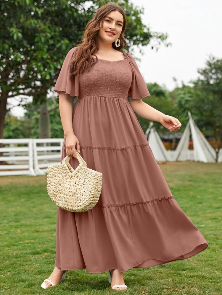 Plus Butterfly Sleeve Shirred Maxi Dress | SHEIN