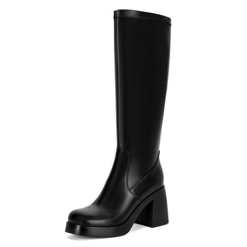 Dsevht Black Knee High Boots for Women Platform Chunky Block Heeled Boots Round Toe Fashion Dress Boots | Amazon (US)