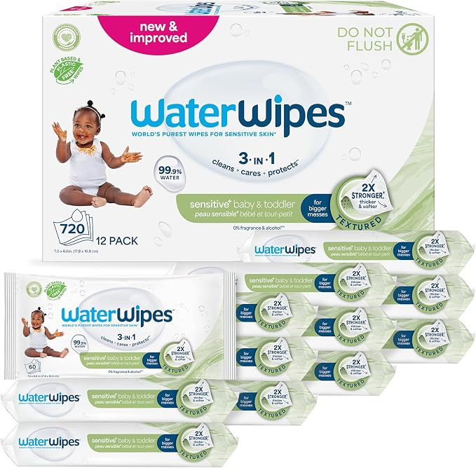 WaterWipes Sensitive+ Baby & Toddler Wipes, 3-In-1 Cleans, Cares, Protects, 99.9% Water, Textured... | Amazon (US)
