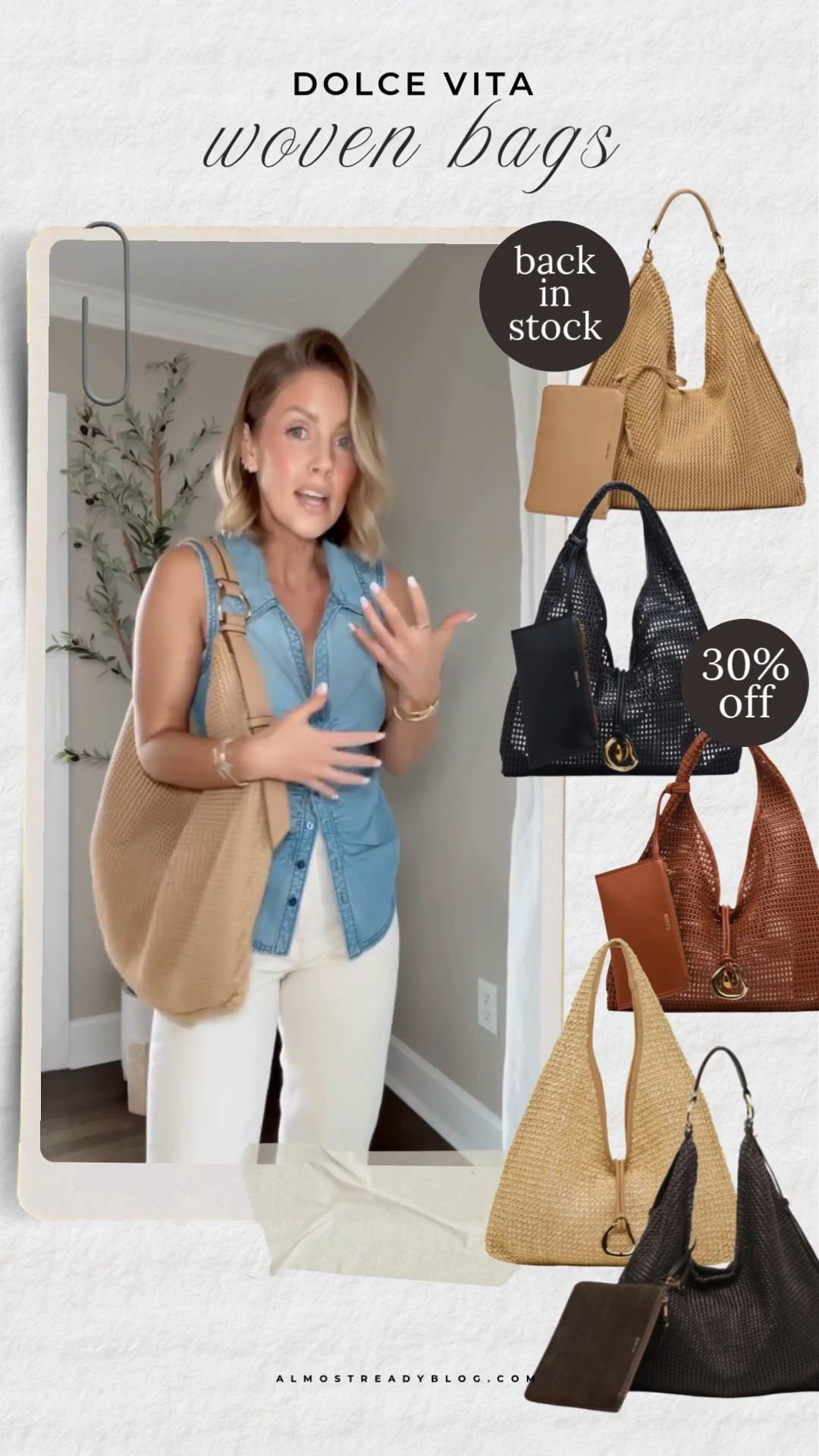 My favorite Dolce Vita bag is back in stock in natural color.
XS denim top / size down in these jeans! 
woven bag, raffia bag, summer bag, vacation bag, amanda west, almostreadyblog

#LTKOver40