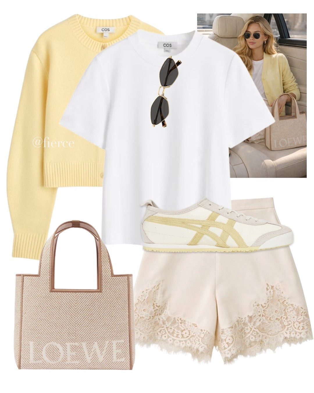 Yellow cardigan lace short yellow and white Onitsuka Tiger Mexico 66 sneakers white tshirt Loewe canvas summer bag 

#LTKsummer #LTKspring #LTKuk