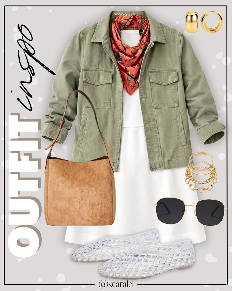 Spring outfits summer outfit spring break Teacher outfits winter outfit workwear business casual work clothes || Amazon fashion Olive green utility jacket layered over white cinch tie waist tshirt dress t-shirt casual spring dress summer dresses with coral pink red orange neck scarf silk bandana head scarf tied at neck and clear jelly mesh ballet flats woven shoes cognac brown leather tote bag || teacher outfit teaching back to school looks  business casual outfits #teacher #work #workwear #business #Casual #amazon #target #school #teaching #outfit #outfits
.
.
.
Amazon fashion, teacher outfits, business casual, casual outfits, neutrals, street style, Midi skirt, Maxi Dress, Swimsuit, Bikini, Travel, skinny Jeans, Puffer Jackets, Concert Outfits, Cocktail Dresses, Sweater dress, Sweaters, cardigans Fleece Pullovers, hoodies, button-downs, Oversized Sweatshirts, Jeans, High Waisted Leggings, dresses, joggers, fall Fashion, winter fashion, leather jacket, Sherpa jackets, Deals, shacket, Plaid Shirt Jackets, lounge set, Date Night Outfits, Vacation outfits, Mom jeans, shorts, sunglasses,  Romper, jumpsuit, Airport outfits, biker shorts, Weekender bag, plus size fashion, Stanley cup tumbler, Work blazers, Work Wear, workwear

boots booties tall over the knee, ankle boots, Chelsea boots, combat boots, pointed toe, chunky sole, heel, high heels, sneakers, slip on shoes, Nike, adidas, vans, dr. marten’s, ugg slippers, golden goose, sandals, high heels, loafers, Birkenstock Birkenstocks, Steve Madden, Target, Abercrombie and fitch, Amazon, Shein, Nordstrom, H&M, forever 21, forever21, Walmart, asos, Nordstrom rack, Nike, adidas, Vans, Quay, Tarte, Sephora, lululemon, free people, j crew jcrew factory, old navy


#LTKootd #LTKSeasonal #LTKSaleAlert