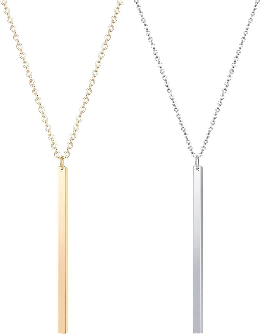 Culovity Vertical Bar Pendant Necklace Earrings - Simple Long lariat Chain Minimalist Dangle Earring | Amazon (US)