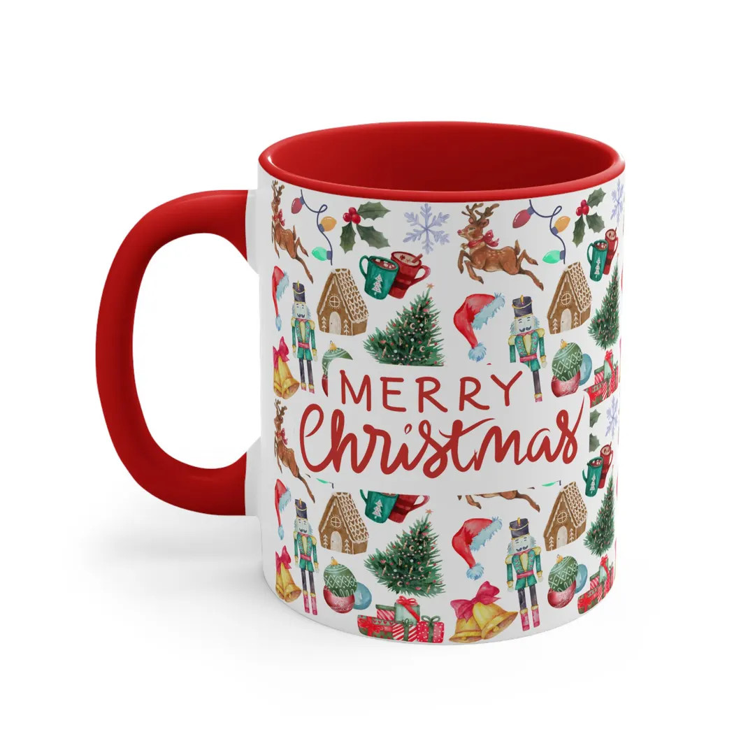 Merry Christmas Mug - Watercolor Holiday Pattern - Red Accent Mug, 11oz; Christmas Gift; Holiday ... | Etsy (US)